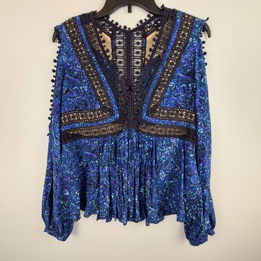 Rebecca Taylor Blue Silk Cold Shoulder Lace Inset Peplum Top Size 2 Paisley